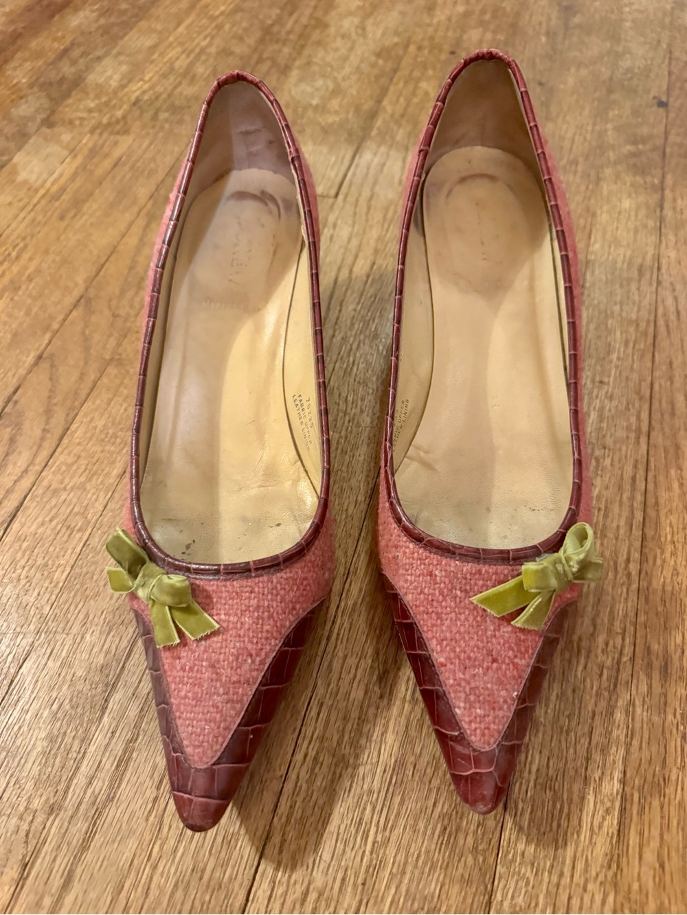 J. Crew Rose Pointed-Toe Kitten Heels with Olive Bow Accent - Picture 2 of 8